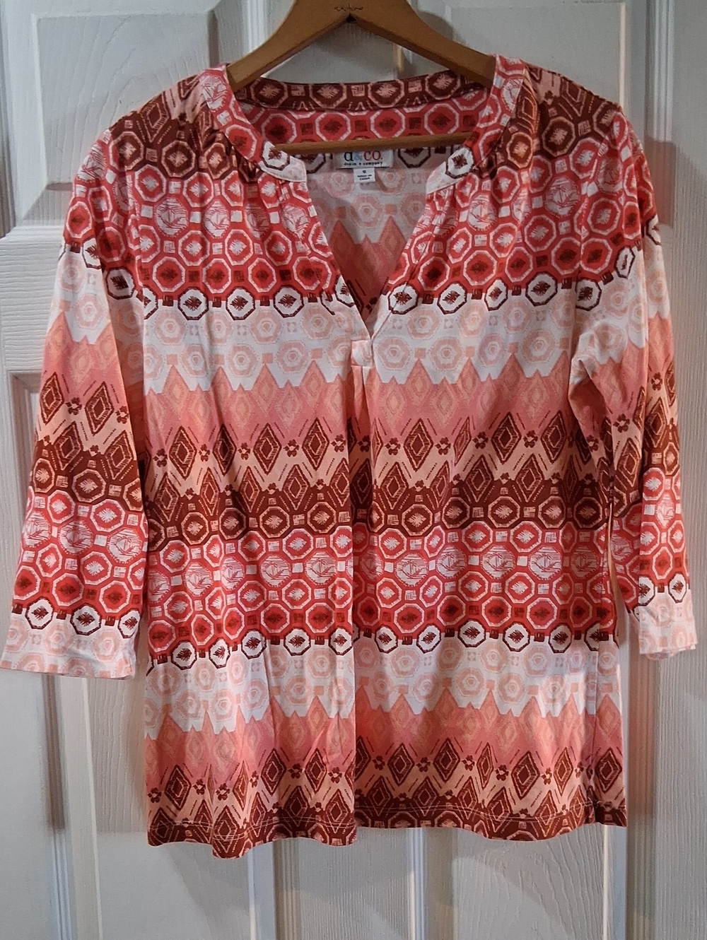 D&co. Coral & Brown Geometric Split-Neck Tunic